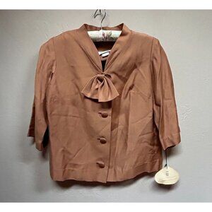 Vintage 50s Trends by Jerrie Lurie Top Women 3/4 Sleeve Bow Neck Blouse 12 Brown